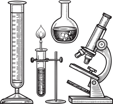 Vintage Science Lab Equipment and Microscope Vector Illustration &ndash; Chemistry and Biology Research Tools
