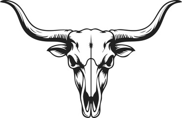 Bull skull engraving, longhorn cattle head, vintage vector illustration of a horned beast for logo, emblem, and tattoo design