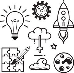 Fototapeta premium Creative Startup and Innovation Icons – Rocket, Puzzle, Light Bulb, Cloud Upload, Paint Palette Vector