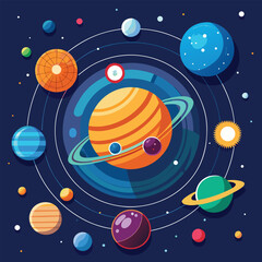 Colorful illustrated solar system depicting planets orbiting the sun with rings and various celestial bodies against a dark blue backdrop