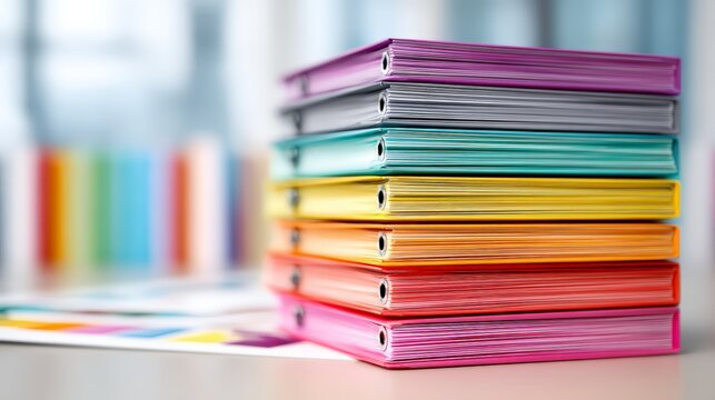 A colorful stack of office binders organized neatly on a desk for efficient workspace.