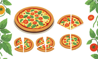 Modern vector illustration of a pizza with tomatoes and basil leaves, a tasty sliced pizza set, a piece of margherita with tomato, easily editable and scalable.