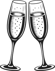 Champagne glasses, sparkling drink, celebration toast, vintage engraved illustration of clinking flutes