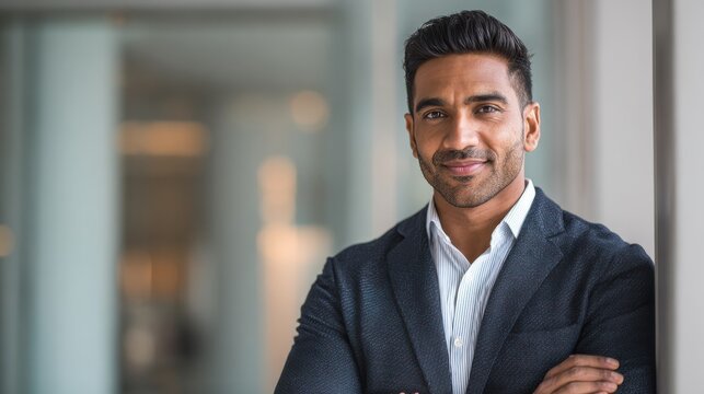 Corporate portrait Arabian confident Indian businessman posing in office company indoors with hands crossed successful top manager Hispanic American male employer guy business man looking at camera