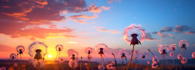 Colorful sunset illuminates dandelions in a serene landscape filled with twilight hues