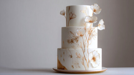 Minimalist white tiered cake with floral sugar details and gold leaf, elegant concept, transparent background