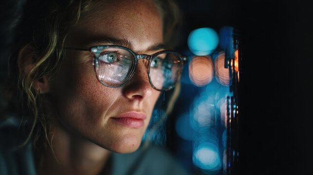 A female engineer in glasses is focused on a computer screen, working on nighttime cybersecurity maintenance and networking in a data center.