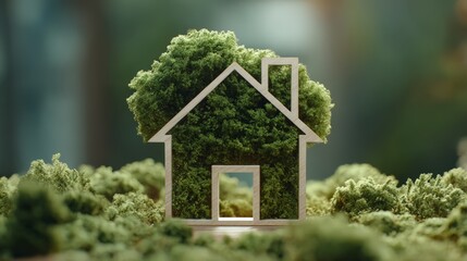 A creative representation of a sustainable home made from greenery and nature.