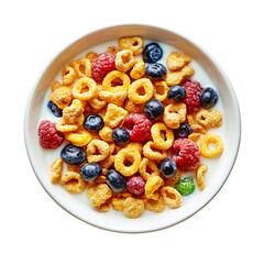 Vibrant Cereal with Fresh Berries and Milk in White Bowl - Top Down View