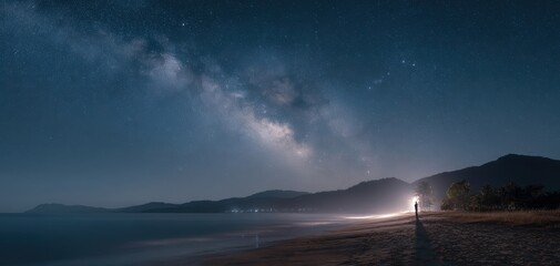 Midnight summer beach landscape under the Milky Way Generative AI