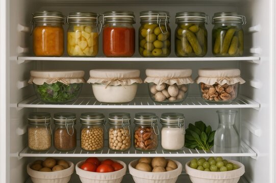 Neatly organized eco friendly fridge with glass jars and containers holding fresh produce, pickles, and grains, promoting sustainable storage methods
