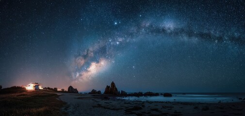 Midnight beach landscape under the milky way with calm waves and distant lights Generative AI