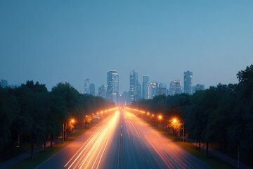 Fototapeta premium drone-view of bustling city avenue with streaks of car headlights showing urban movement at dusk