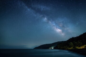 Midnight summer beach landscape showcasing the milky way and serene ocean waves Generative AI