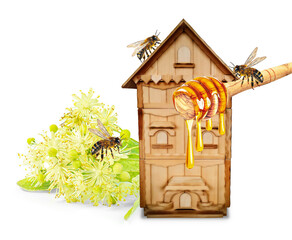 Beehive and linden flowers, dripping honey isolated on white background