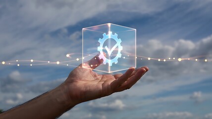 Hand holding transparent cube with gear and checkmark against cloudy sky geometric