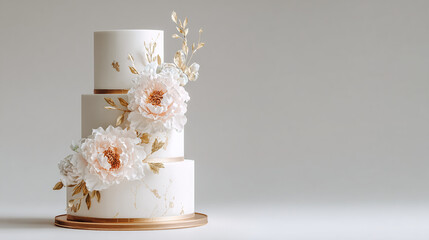 Minimalist white tiered cake with floral sugar details and gold leaf, elegant concept, transparent background