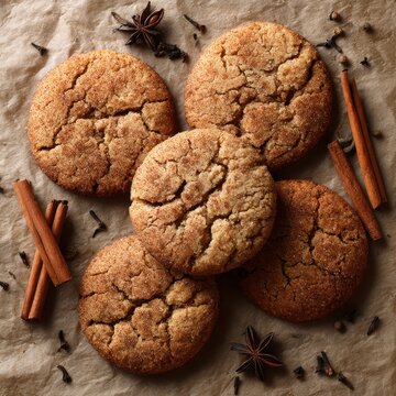 Spiced cookies on parchment with scattered cinnamon sticks and cloves