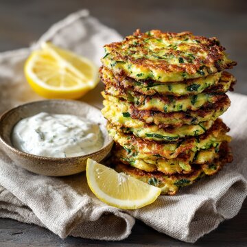 Zucchini fritters stacked on a linen napkin with a bowl of yogurt dip