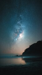 Midnight summer beach landscape featuring the stunning milky way over calm waters Generative AI