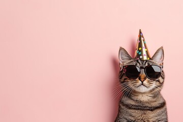 Cat with Party Hat and Sunglasses on Pink Background with Copy Space. Happy Birthday Concept.