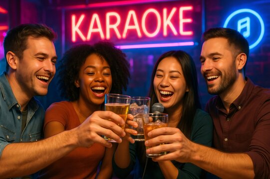 Happy multi ethnic friends toasting and laughing while singing karaoke, enjoying nightlife together