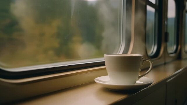 steaming cup of coffee at the window of a train compartment