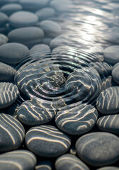 Fototapeta premium Zen black pebbles with water ripples for meditation, spa, wellness or nature-inspired background and design concepts