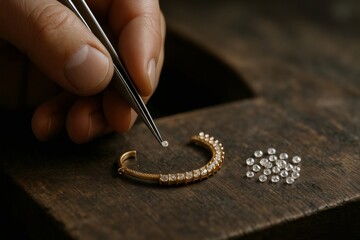 Skilled artisan using tweezers to set sparkling gemstones into a delicate gold bracelet on a wooden workbench, showcasing craftsmanship