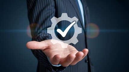 Man holding a gear with a checkmark symbol in his open palm hand