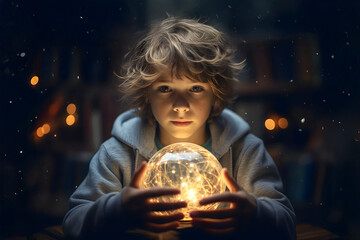 Naklejka premium Child mesmerized by glowing orb in a festive evening atmosphere, surrounded by sparkling lights