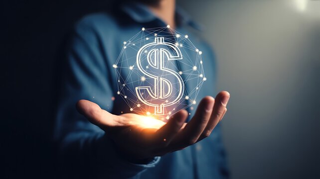 Man holding glowing digital dollar symbol connected by network lines money finance