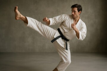 Martial artist executes a precise high kick in a dojo setting, showcasing strength, balance, and concentration, wearing a traditional uniform
