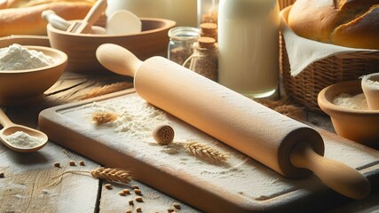 Rolling pin and flour and Wheat and bread and ingredients on a wooden table under the light of the sun