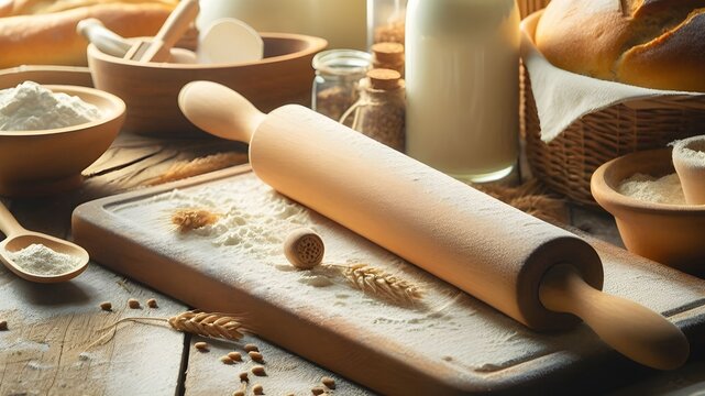 Rolling pin and flour and Wheat and bread and ingredients on a wooden table under the light of the sun
