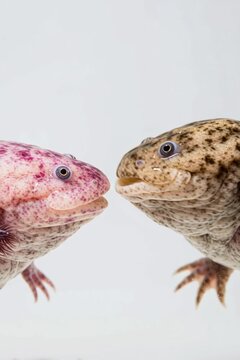 Two axolotls face each other, one pink and the other brown with spots. They are aquatic salamanders known for their regenerative abilities.