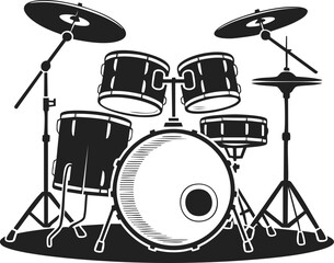 Drum set illustration, percussion instrument, musical ensemble, rhythm gear, black and white design, drum kit, drummer accessory, live performance setup, recording studio equipment