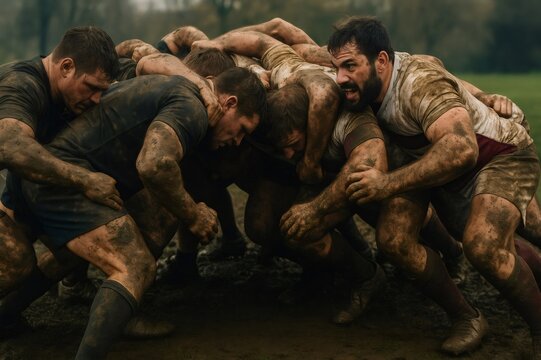 Rugby players engage in a fierce scrum on a muddy field, showcasing determination and teamwork in a competitive match