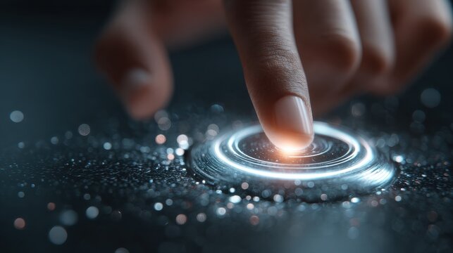 Person pushing a futuristic button on computer