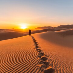 Man's Journey Sunrise Footprints in Sahara Desert Landscape, adventure, travel