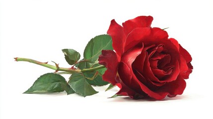Naklejka premium Beautiful red rose with green leaves lying flat