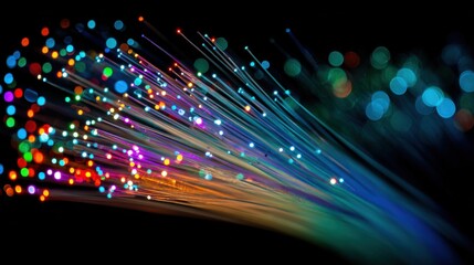 Premium image of premium image of fiber optic cables transmitting laser pulses, glowing strands with vivid colors, photorealistic, high-speed data communication.