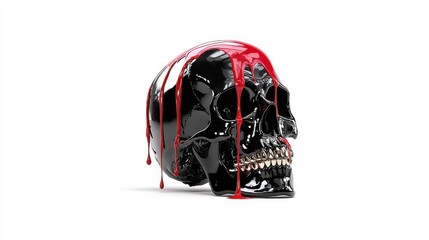 Fototapeta premium Black glossy skull with realistic teeth and dripping red paint against white background, creating striking contrast in modern gothic art style