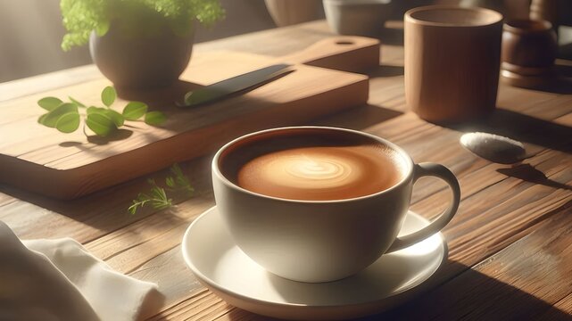 Dark brown coffee with a creamy sauce on a wooden table in a simple abstract background which sunlight fills the kitchen
