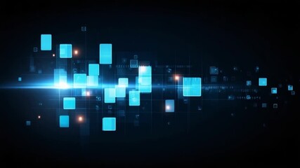 Abstract technology background with glowing blue squares and digital data - Powered by Adobe
