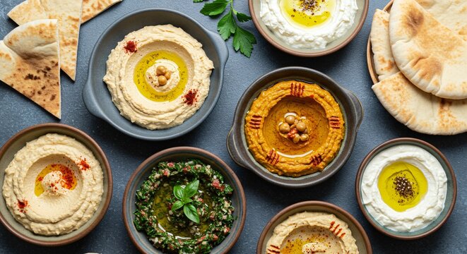 Colorful Middle Eastern mezze spread with hummus, pita bread, labneh, and tabbouleh served elegantly