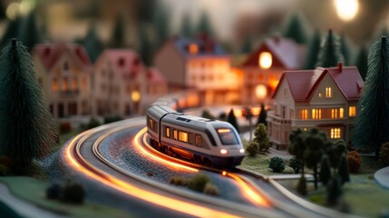 Miniature Train Curving Through a Tiny Town, glowing track effect, Model train, Diorama