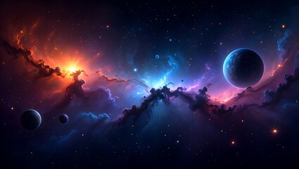 Fototapeta premium Colorful Cosmic Symphony: A Breathtaking Space Scene with Nebulae and Planets, Celestial Canvas: A Stunning Display of Nebulae, Stars, and Distant Worlds