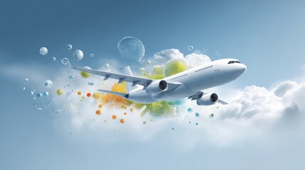 A modern airplane flying through clouds, surrounded by colorful splashes of creativity.