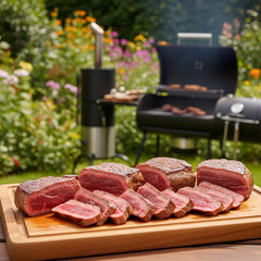 barbeque grilling party of beef steak meat outdoors in the garden